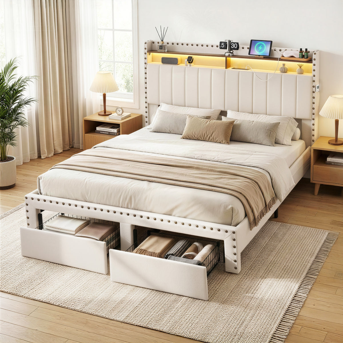 Artiss Queen Upholstered Bed Frame with Shelf Storage Drawers Charging Station Mood Lighting Linen