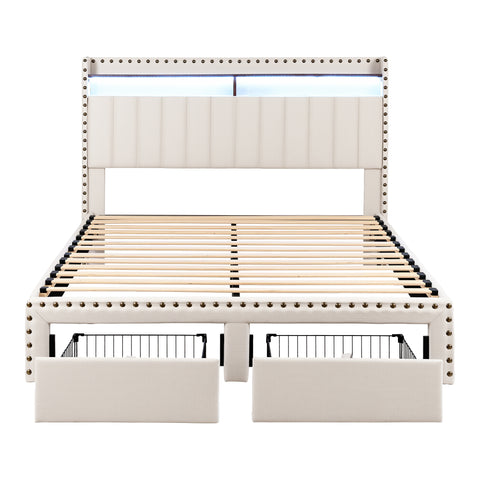 Artiss Queen Upholstered Bed Frame with Shelf Storage Drawers Charging Station Mood Lighting Linen