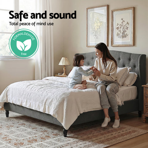 Artiss Double Bed Frame with Wingback Headboard Grey Linen Upholstered Platform Bed Base