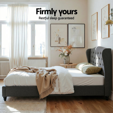 Artiss Double Bed Frame with Wingback Headboard Grey Linen Upholstered Platform Bed Base