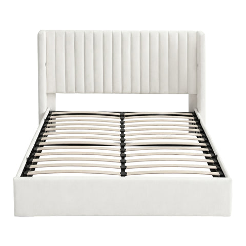 Artiss Queen Bed Frame with Gaslift Storage USB Type-C Charging Ports Velvet Upholstery White