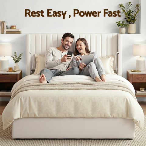 Artiss Queen Bed Frame with Gaslift Storage USB Type-C Charging Ports Velvet Upholstery White