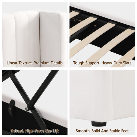 Artiss Queen Bed Frame with Gaslift Storage USB Type-C Charging Ports Velvet Upholstery White