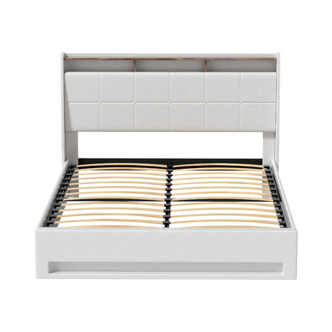 Artiss Bed Frame Gas Lift LED Beds Base Platform White PVC Leather Storage Headboard - Double
