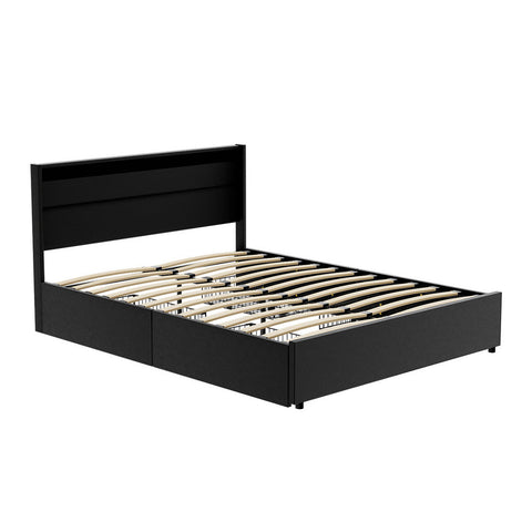 Artiss Bed Frame Queen Size LED with 4 Drawers Black DUNN Chez Guru