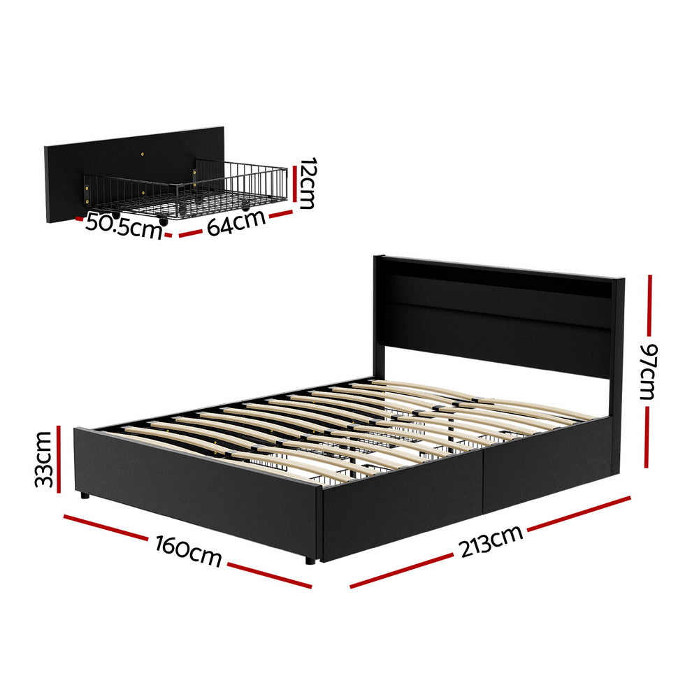 Artiss Bed Frame Queen Size LED with 4 Drawers Black DUNN Chez Guru