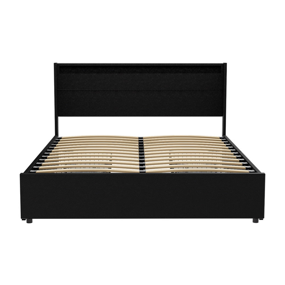 Artiss Bed Frame Queen Size LED with 4 Drawers Black DUNN Chez Guru