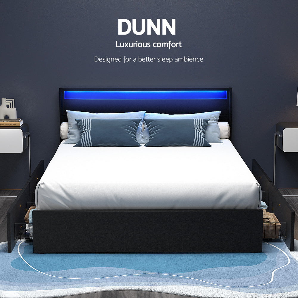 Artiss Bed Frame Queen Size LED with 4 Drawers Black DUNN Chez Guru