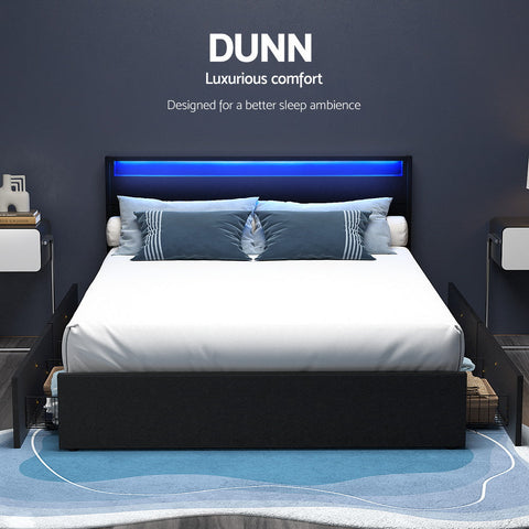 Artiss Bed Frame Queen Size LED with 4 Drawers Black DUNN Chez Guru
