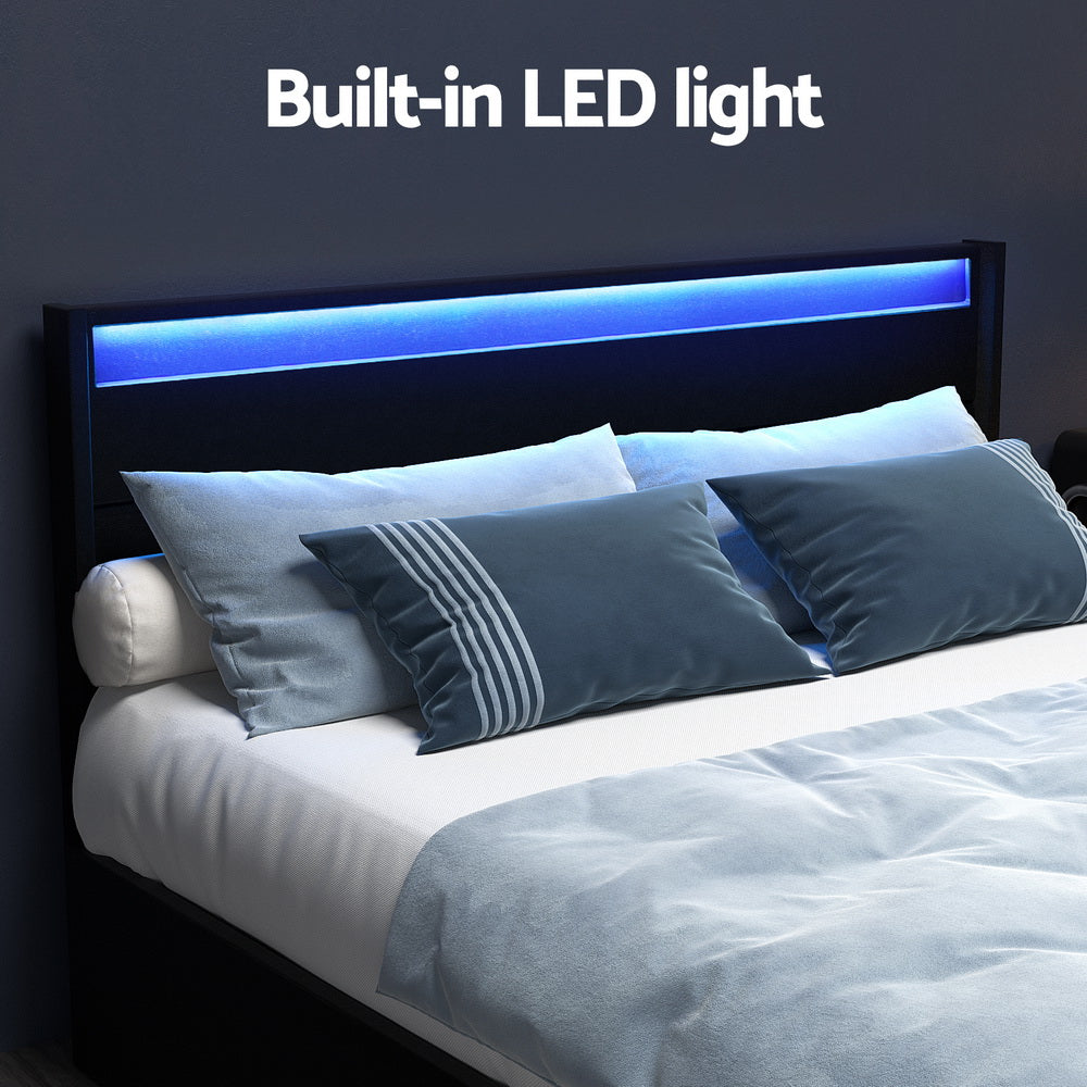 Artiss Bed Frame Queen Size LED with 4 Drawers Black DUNN Chez Guru