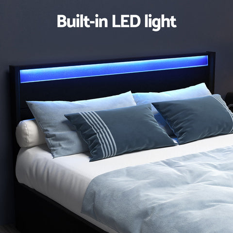 Artiss Bed Frame Queen Size LED with 4 Drawers Black DUNN Chez Guru
