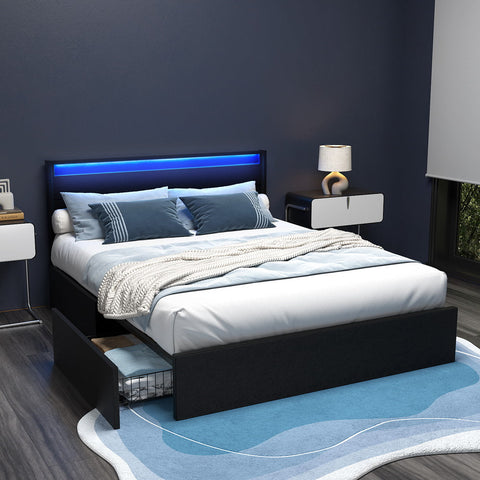 Artiss Bed Frame Queen Size LED with 4 Drawers Black DUNN Chez Guru