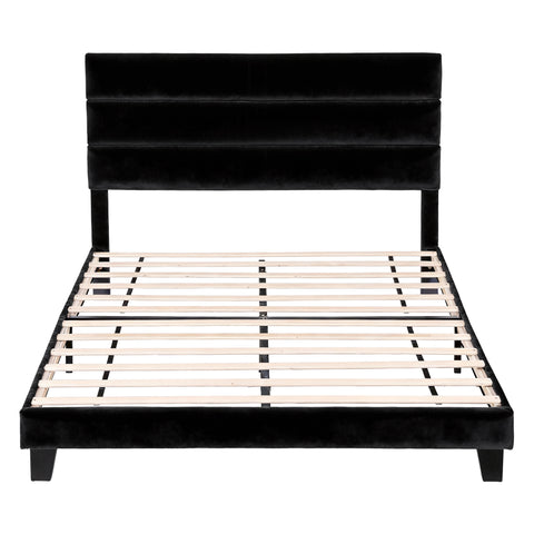 Artiss Double Bed Frame Upholstered Platform Base with Geometric Headboard Black Velvet