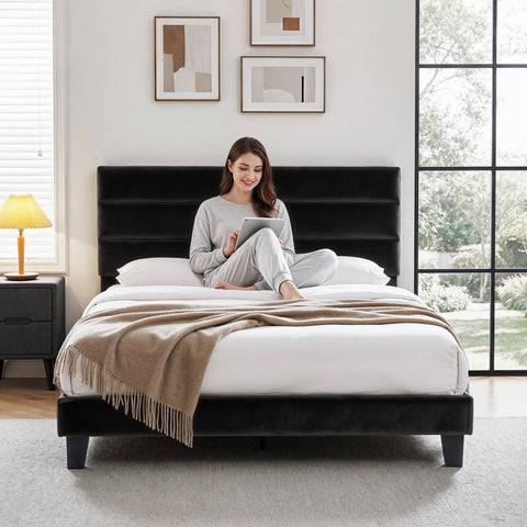 Artiss Double Bed Frame Upholstered Platform Base with Geometric Headboard Black Velvet