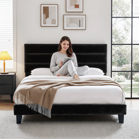 Artiss King Bed Frame Upholstered Platform Base with Geometric Headboard Black Velvet