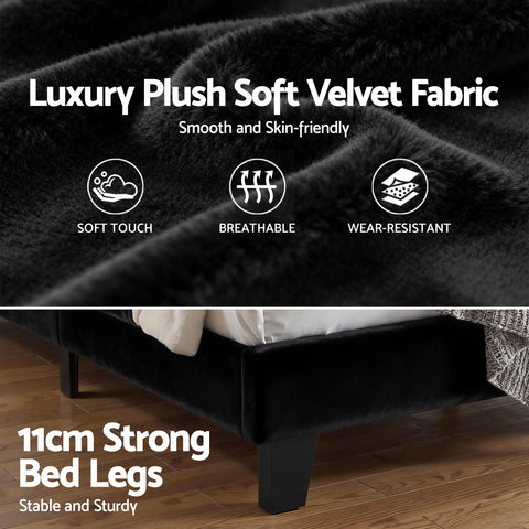 Artiss Queen Bed Frame Upholstered Platform Base with Geometric Headboard Black Velvet