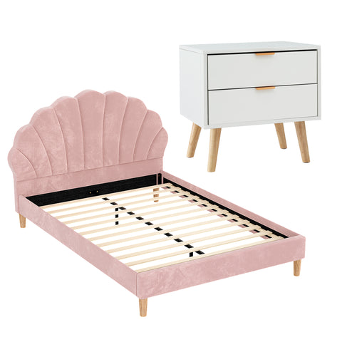 Artiss Double Bed Frame Scallop Headboard Pink Velvet with 2 Drawer Bedside Table