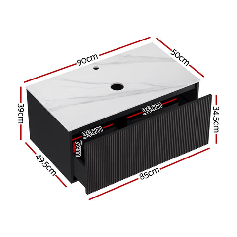 Cefito Vanity Unit 900mm Bathroom Cabinet Storage Wall Hung Grooved Timber Black