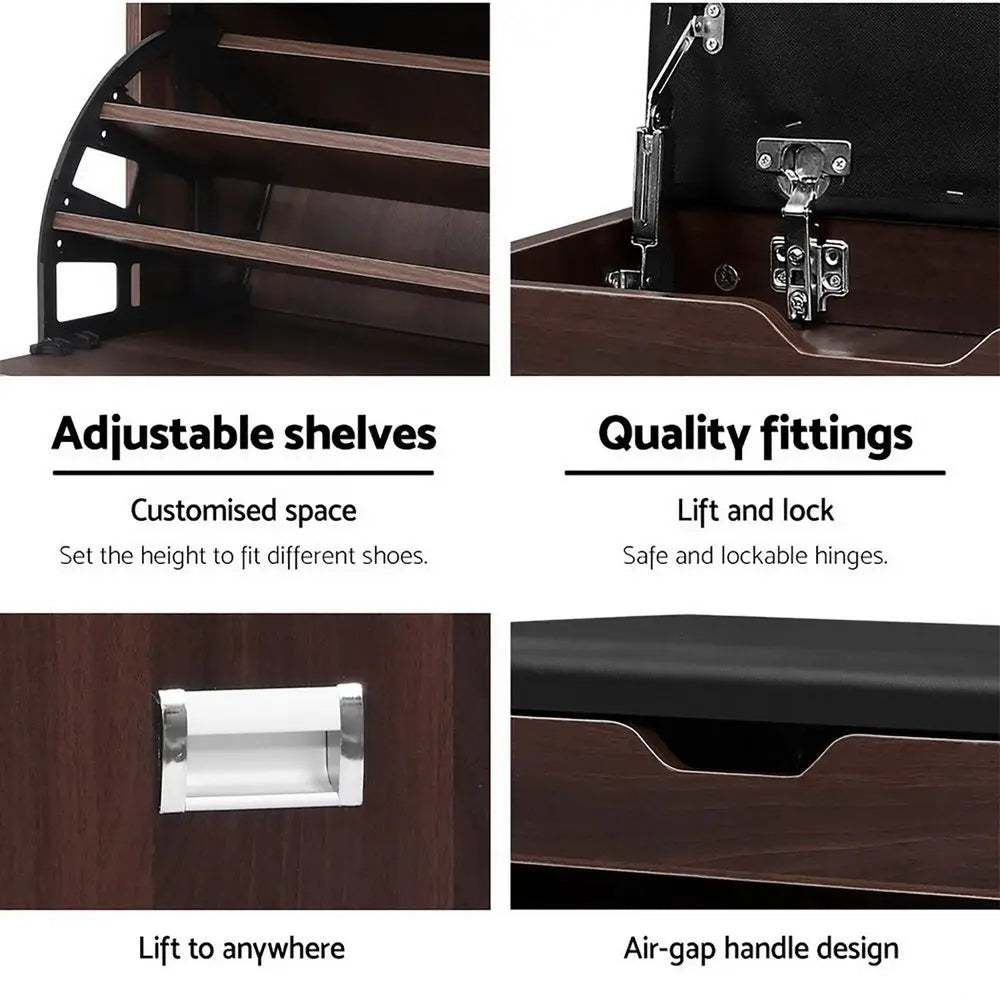 Artiss Shoe Rack Cabinet Bench 3-tier 15 Pairs Walnut Chez Guru
