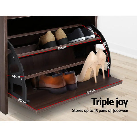 Artiss Shoe Rack Cabinet Bench 3-tier 15 Pairs Walnut Chez Guru