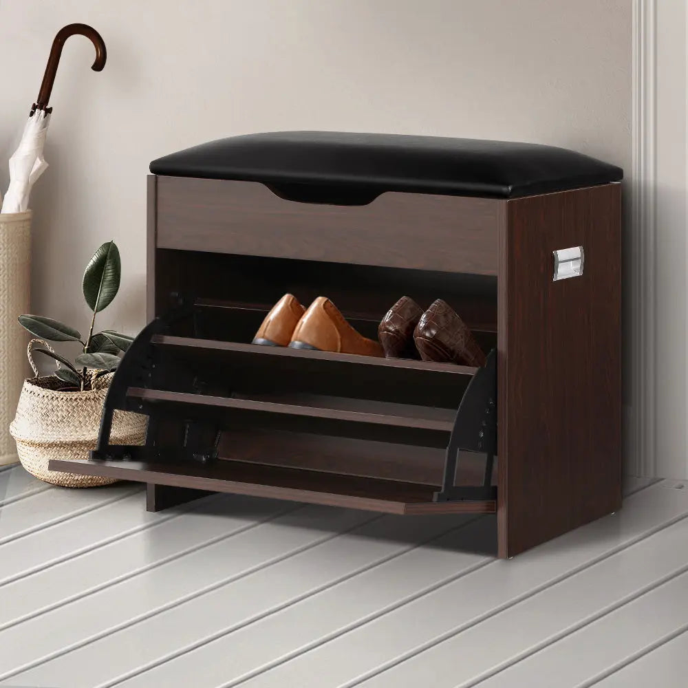 Artiss Shoe Rack Cabinet Bench 3-tier 15 Pairs Walnut Chez Guru
