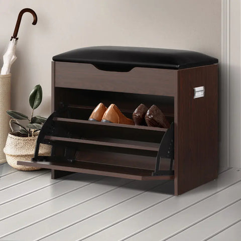 Artiss Shoe Rack Cabinet Bench 3-tier 15 Pairs Walnut Chez Guru