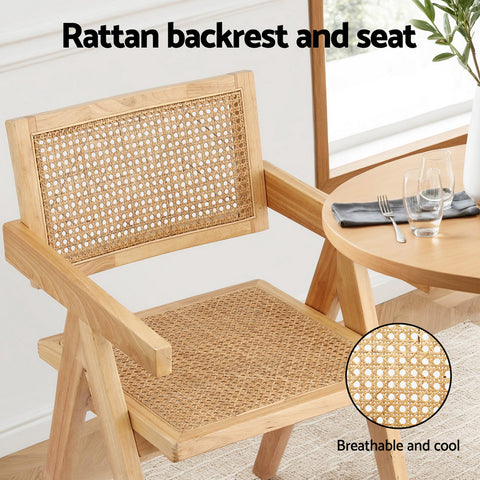 Artiss 2x Dining Chairs Wooden Rattan Seat Rubber Wood Frame