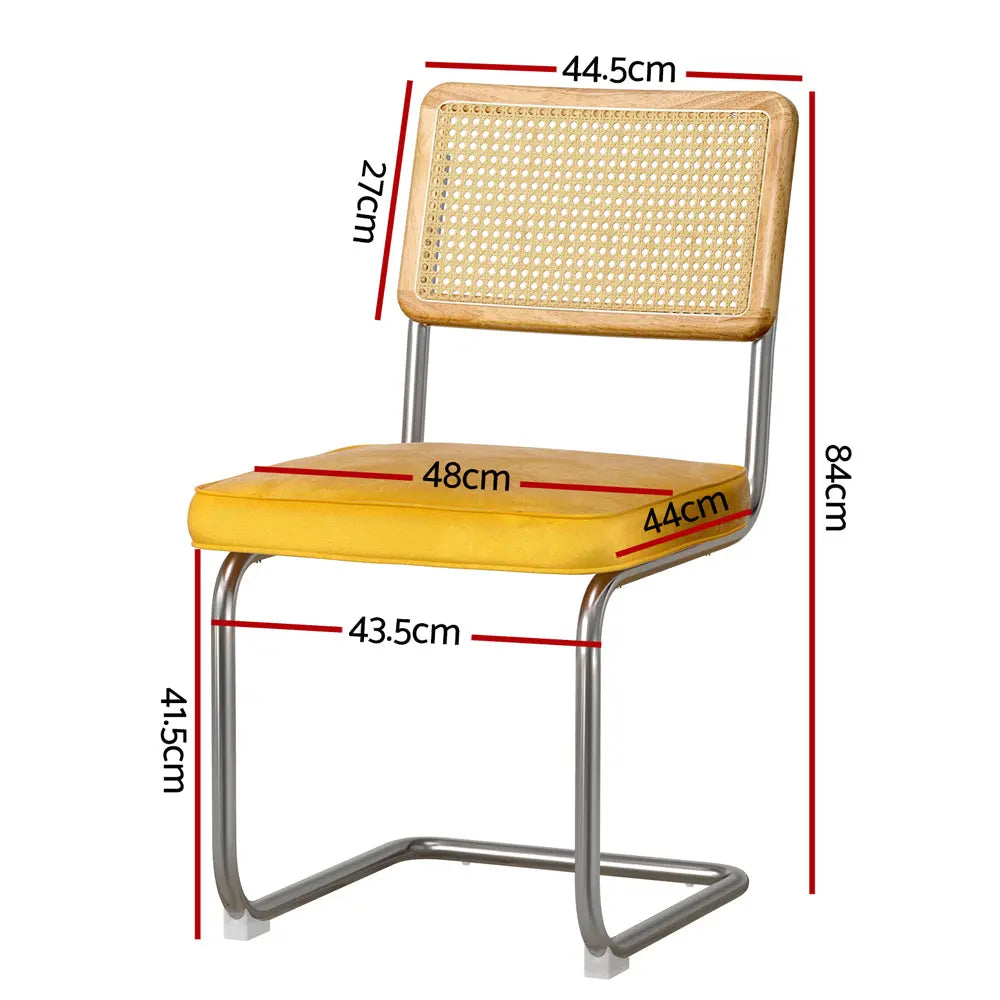Artiss Dining Chairs Set of 2 Velvet Rattan Cantilever Yellow Chez Guru