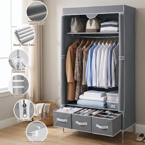 Artiss Large Portable Clothes Closet Wardrobe with Tiebacks Grey