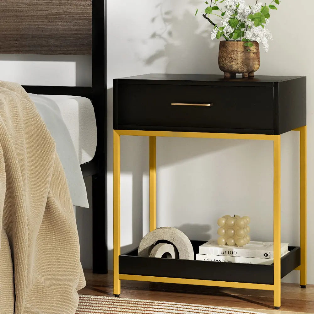 Artiss Bedside Table Drawers Side Table Shelf Storage Nightstand Black MASON - Chez Guru