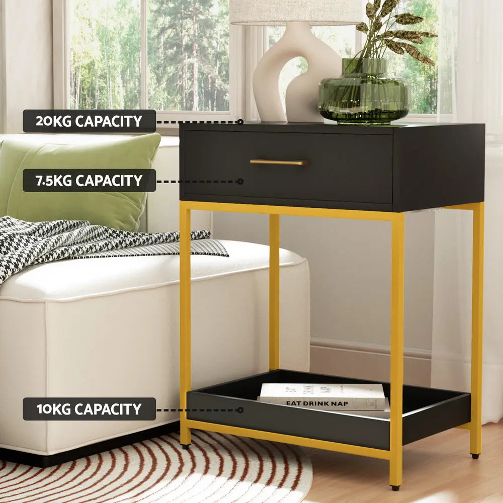 Artiss Bedside Table Drawers Side Table Shelf Storage Nightstand Black MASON - Chez Guru
