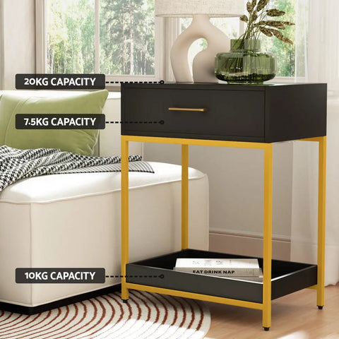 Artiss Bedside Table Drawers Side Table Shelf Storage Nightstand Black MASON - Chez Guru
