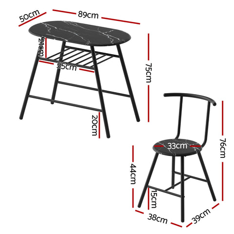 Artiss Dining Table Set 3PC Bistro Kitchen Storage Wine Rack Black Marble Style