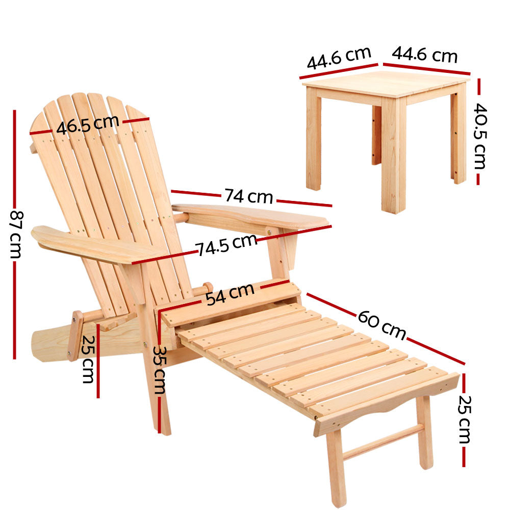 Gardeon 3PC Adirondack Outdoor Table and Chairs? Wooden Sun Lounge Beach Patio Natural Chez Guru