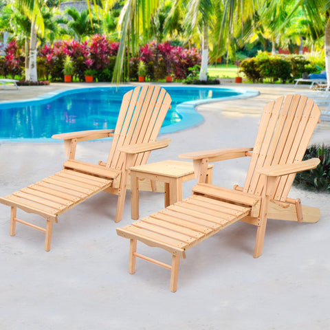 Gardeon 3PC Adirondack Outdoor Table and Chairs? Wooden Sun Lounge Beach Patio Natural Chez Guru