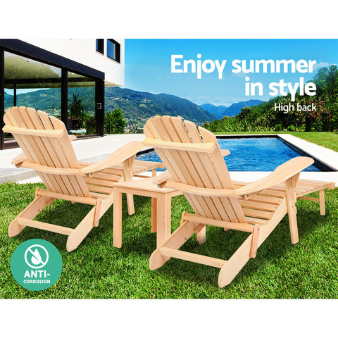 Gardeon 3PC Adirondack Outdoor Table and Chairs? Wooden Sun Lounge Beach Patio Natural Chez Guru