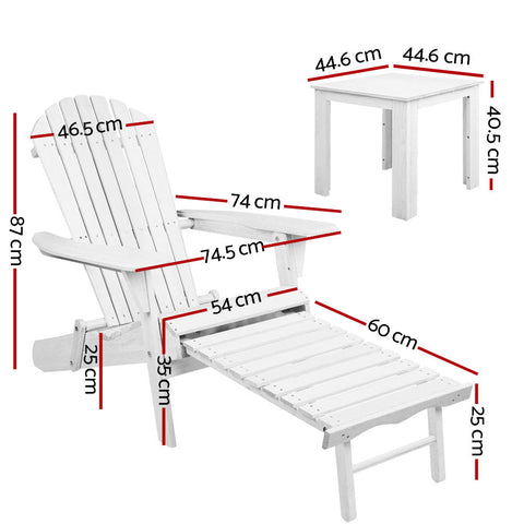 Gardeon 3PC Adirondack Outdoor Table and Chairs Wooden Sun Lounge Beach Patio White Chez Guru
