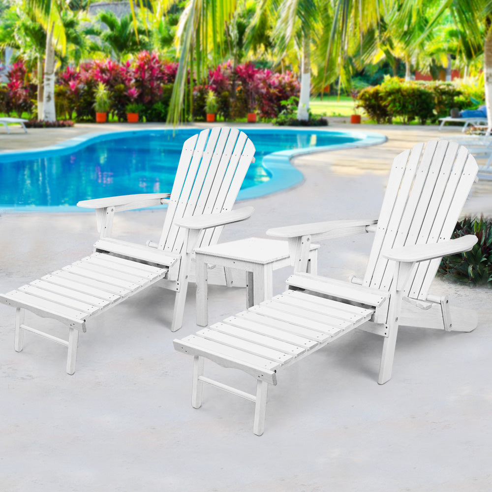 Gardeon 3PC Adirondack Outdoor Table and Chairs Wooden Sun Lounge Beach Patio White Chez Guru