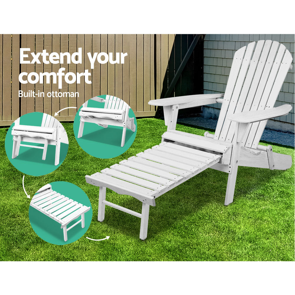 Gardeon 3PC Adirondack Outdoor Table and Chairs Wooden Sun Lounge Beach Patio White Chez Guru