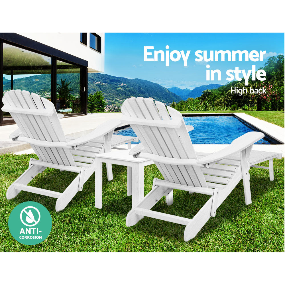 Gardeon 3PC Adirondack Outdoor Table and Chairs Wooden Sun Lounge Beach Patio White Chez Guru