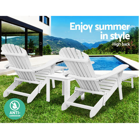 Gardeon 3PC Adirondack Outdoor Table and Chairs Wooden Sun Lounge Beach Patio White Chez Guru