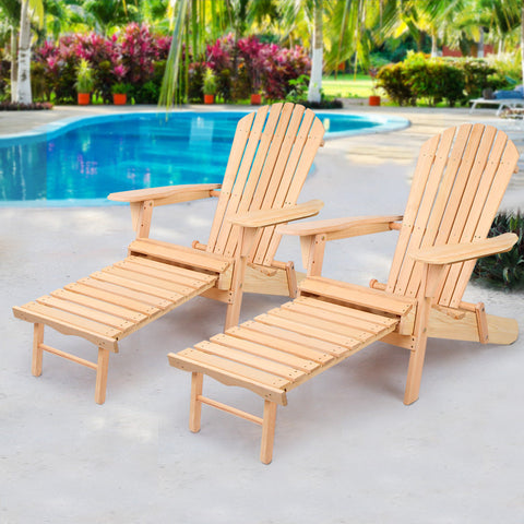 Gardeon 2PC Adirondack Outdoor Chairs Wooden Sun Lounge Patio Furniture Garden Natural Chez Guru