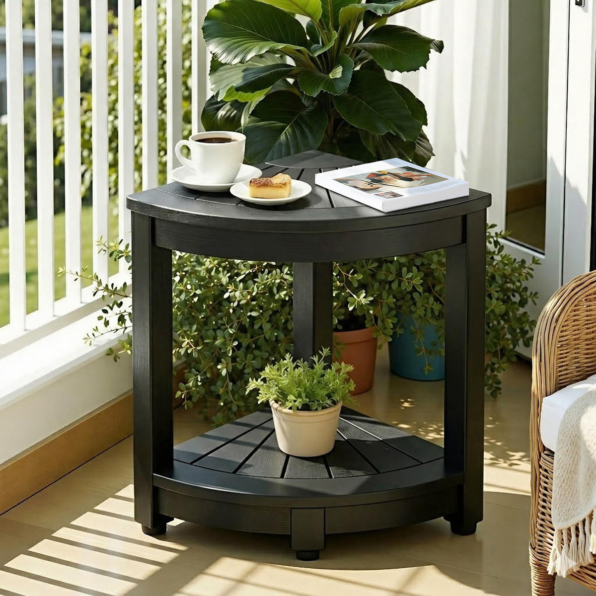 Gardeon Outdoor Coffee Side Table HDPE Desk Corner Shower Stool Bench Seat with Storage Shelf Black