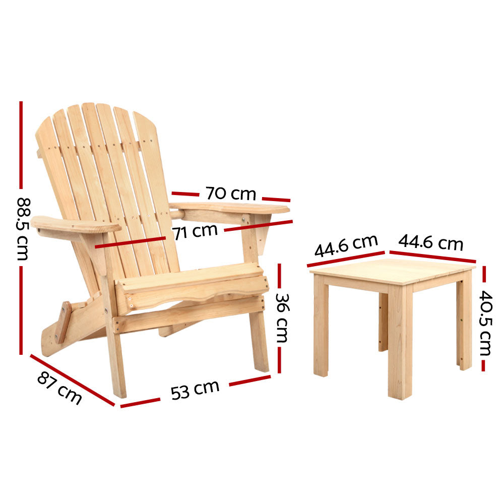 Gardeon 3PC Adirondack Outdoor Table and Chairs Wooden Foldable Beach Chair Natural Chez Guru