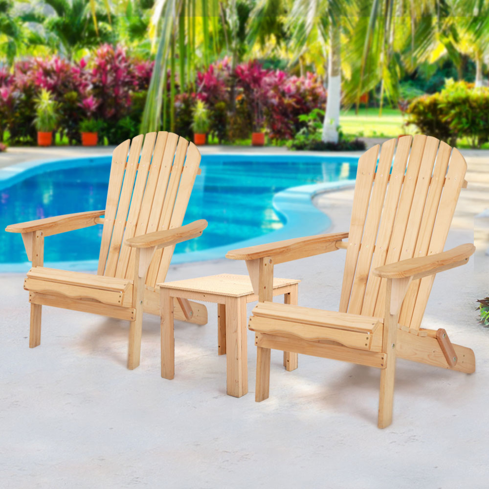Gardeon 3PC Adirondack Outdoor Table and Chairs Wooden Foldable Beach Chair Natural Chez Guru