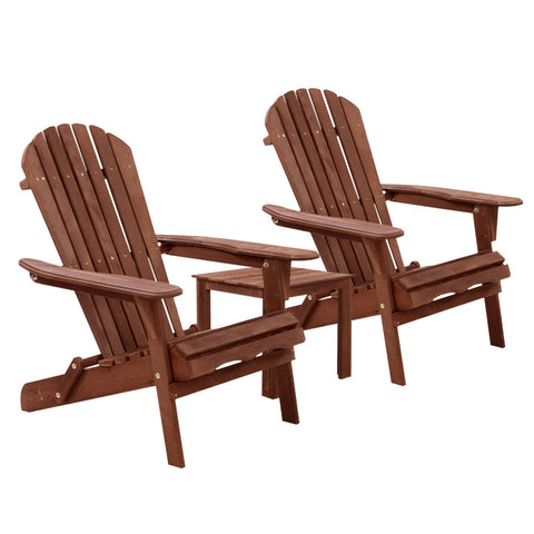 Gardeon 3PC Adirondack Outdoor Table and Chairs Wooden Foldable Beach Chair - Brown