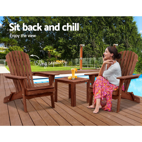 Gardeon 3PC Adirondack Outdoor Table and Chairs Wooden Foldable Beach Chair - Brown