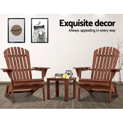Gardeon 3PC Adirondack Outdoor Table and Chairs Wooden Foldable Beach Chair - Brown