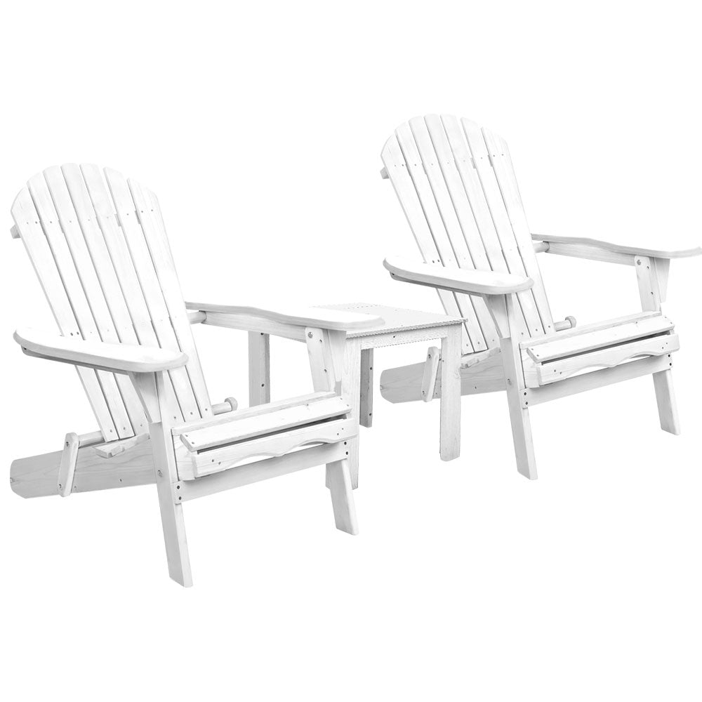 Gardeon 3PC Adirondack Outdoor Table and Chairs Wooden Foldable Beach Chair White Chez Guru