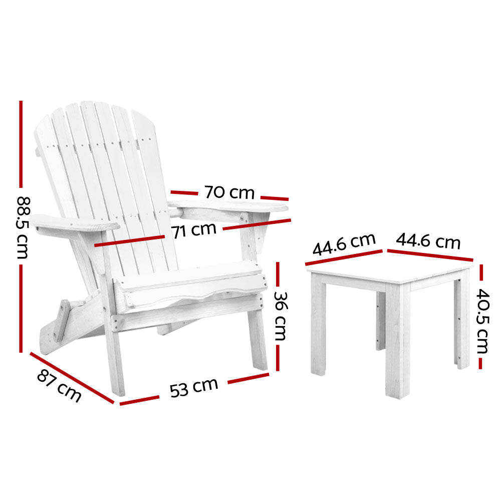 Gardeon 3PC Adirondack Outdoor Table and Chairs Wooden Foldable Beach Chair White Chez Guru